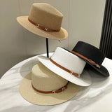DAIIIBABYYY  -  Women's Panama Hat Flat Brim Bowknot Straw Cap Summer Beach Sun Hat Simple Casual Female Lady Brand Girls