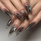 Daiiibabyyy  24PCS Sweet Cool Blue Gradient French False Nail Brown Leopard Print with Star Long Almond Press on Nail Y2k Ins Style Fake Nail