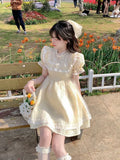 Daiiibabyyy  Spring and Summer French Sweet Bow Lace Embroidered Short Slimming High-Waist Princess Dress for Women
