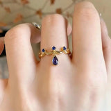 Daiiibabyyy  Delicate Blue Water Drop Zircon Necklace for Women Vintage Metal Wave Splicing Necklace Rings Wedding Party Jewelry Gifts
