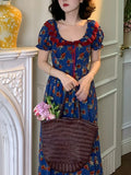 Daiiibabyyy  women's blue bubble sleeve floral dress women's summer sweet pinched waist floral  long dress