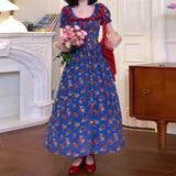 Daiiibabyyy  women's blue bubble sleeve floral dress women's summer sweet pinched waist floral  long dress