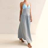Daiiibabyyy  Women Halter Neck Striped Backless Maxi Dress Summer Sleeveless Long Dress Vacations Outdoor Backless Flowy Dress