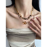 Daiiibabyyy  Vintage Bohemian Handwoven Double Layer Natural Stone Crystal Adjustable Design Necklace For Women Girls Fashion Jewelry