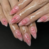 Daiiibabyyy  24Pcs 3D Bow Strawberry False Nails Art Mid-length Almond Full Cover Nails Tips Pink Smudge Pearl Detachable Press on Fake Nails
