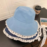 DAIIIBABYYY  -  Korean Simple Temperament Lace Blue Bucket Hat Women's Summer Fashion Vacation Big Brim Sunshade Strap Foldable Sun Cap Gorras