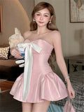 DAIIIBABYYY  -  Princess Sweet Bow Birthday Party Short Pink Dress Slash Neck Fashion Ballet Strapless A Line Dress Small Girl Super Mini Dress