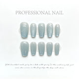 10pcs sea salt ice blue cat eye handmade wearable false nails with glue full cover fake nails press on glitter stick on nails