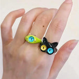 Daiiibabyyy 2024 New Cute Green Monster Rings Women Fashion Sweet Two Color Cat Eyes Open Couple Ring Wedding Finger Accessories Jewelry