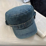 DAIIIBABYYY  -  Korean Retro Rivet Denim Flat Top Newsboy Cap Spring and Autumn Niche Fashion Washed and Made Old Y2k Trend Beret Hat for Women