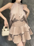 Daiiibabyyy Y2k Crop Tank Tops Skirt Suits Summer New Fashion Solid Camis Sleeveless Blouse High Waist Elegant Ladies Korean Two Piece Set