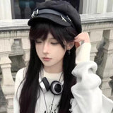 Daiiibabyyy  Subculture Cross Pendant Berets Cap Y2K Black Cotton Painter Hat Gothic Lolita Beret Hat Caps Harajuku Deco Accessories Japanese