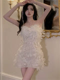 DAIIIBABYYY  -  Sexy Stunning Feather Irregular Pencil Party Dress New Women Fashion Suspender Slip Short Dress Apricot Sleeveless Bodycon Dress
