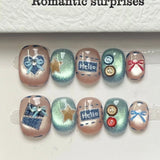 Daiiibabyyy  10pcs Handmade False Nails Art Blue Gradient Short Square Round Press on Nails Tips Cute Bow Button Fake Nail Set Denim Manicure