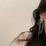 Daiiibabyyy  Sweet Clear Flower Green Crystal Tassel Long Earrings Women's Countryside Style Holiday Temperament Fashion Jewelry