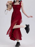 Daiiibabyyy Red Long Dresses Women Summer Spaghetti Strap Dress Female Korean Fashion Pleated Dress Ladies Irregular Ruffle Split Vestidos