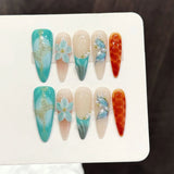 Daiiibabyyy  10Pcs Long Oval Handmade False Nails Ice Blue Color With 3D Flower Design Glitter Fake Nail Tips For Women Lady Press on Nails