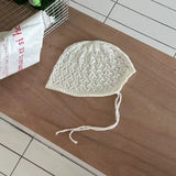 DAIIIBABYYY  -  Korean Designer Strap Beanies Caps for Women Summer and Autumn Thin Hollow Breathable Versatile Sweet Retro Knitted Hats