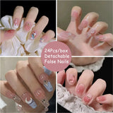 Daiiibabyyy 24Pcs Detachable False Nails Rhinestones Blue Wearable Fake Nails Full Cover Nail Tips Fake Nail with Moon Design Press on Nails