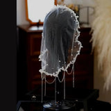 Daiiibabyyy  Vintage Pearls Beads Brides Veil Tassels White Wedding Veils Tulle Short Bride Head Gauze Headdress