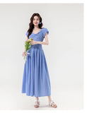 Daiiibabyyy  New Summer French Elegant Sexy Slash Neck Simple Summer Dress Women's Slim Waist Fuff Short Sleeve Solid Long Evening Dress