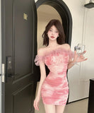 Daiiibabyyy  Sexy One-shoulder Mesh Printed Dress for Women in Pure Desire Style, Waist-hugging, Sexy Hot Girl Tight Buttocks
