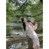 DAIIIBABYYY  -  Improved Modern White Halterneck Floral Embroidery Sleeveless Cheongsam Dress with Jacket Women's Autumn Chinese Party Dresses