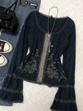Daiiibabyyy  Y2K Vintage Black T Shirts Women Harajuku Streetwear Lace Floral Crop Tops Summer Sexy Gyaru Grunge Flare Long Sleeve Tees