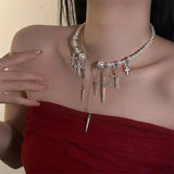 Daiiibabyyy  Cross Rivet Tassel Pearl Beaded Choker Women Cool Trendy Gothic Style Necklace y2k Fashion Jewelry