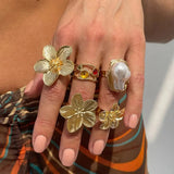 Daiiibabyyy  6Pcs/Set Fashion Imitation Pearl Crystal Stainless Steel Gold Color Ring for Women Engagement Party Gift Temperament Jewelry