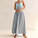 Daiiibabyyy  Women Halter Neck Striped Backless Maxi Dress Summer Sleeveless Long Dress Vacations Outdoor Backless Flowy Dress