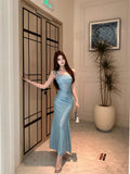 Daiiibabyyy  Elegant Blue Gown Women's Summer Slimming Long Dress Folded Waist Cinched Strapless Dress Polished Look Polyester Fabric