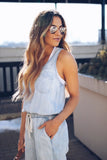 Daiiibabyyy  Casual Women Jumpsuit Sleeveless High Waist Button Front Romper Light Blue Straight Leg Solid Color Denim Jumpsuit Drawstring