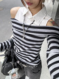 Daiiibabyyy  Early Autumn Slim Fit Split Two-Piece Striped One Shoulder Shirt Women Fall New Arrival Long Sleeve Top