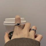 Daiiibabyyy  Vintage Black Enamel Love Heart Couple Ring for Men Women Personality Adjustable Opening Stainless Steel Ring Jewelry Accessory