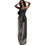Daiiibabyyy  Summer New Style Lace Patchwork Plaid Long Pants Two-Piece Set Women's Comfortable Casual Outfit Breathable Polyester