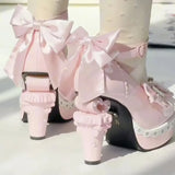 Daiiibabyyy  Original Egg Tart Heart High Heel Lolita Shoes with  Knot Silk Ribbon and Unique Shape Heel for Women