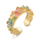 Daiiibabyyy  Elegant Flower Pattern Enamel Open Bracelet for Women Trendy Gold Plated Cloisonne Flowers Bangle Ring Charms Party Jewelry