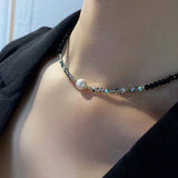 Daiiibabyyy Natural Stone Necklace For Women K-pop Black Spinel Freshwater Ethnic Pearl Choker Crystal Chip Bead Bracelet Earring Jewelry