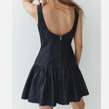 Daiiibabyyy  Sexy O collar Denim Mini Tank Dress Women Backelss Low Waist Lined Ruched Hem Swing Sleeveless Dresses Summer Robe Vestidos