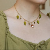 Daiiibabyyy  Glass Leaf Mushroom Bead Necklace Retro Rustic Forest Style Earring Multiple Splicing Design Collarbone Chain Y2K Jewlery Set