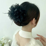 Daiiibabyyy  New Fabric Large Feather Pearl Flower Hair Clip for Women Korean Fashion Light Luxury Shark Clip Girl Hair Accessories