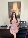 DAIIIBABYYY  -  Spring Autumn Pink Lace Chic Bow Square Collar Sexy Mini Dress Women Long Sleeve Bodycon Ruffled Dress 2025 Korean Fashion Dress