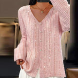 DAIIIBABYYY  -  Female V-neck Single Breasted Cardigan New Autumn Sequined Long Sleeved Loose Sweater Elegant Solid Color Commuting Sweater Coat