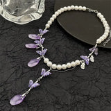 Daiiibabyyy  Purple Crystal Butterfly Acrylic Petal Tassel Pearl Necklace Women Light Luxury Choker Y2K Jewelry Gifts for Her