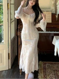 DAIIIBABYYY  -  Korean Elegant Mermaid Dress for Women Autumn Long Flare Sleeve Square Collar Lace-up Slim Lace Vestidos Fashion Chic Long Robe
