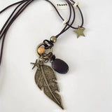 Daiiibabyyy  Feather Star Oval Pendant Necklaces for Women New Holiday Retro Personality Trendy Clavicle Chain Light Luxury High-end Jewelry
