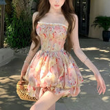 Daiiibabyyy  Vacation Style Floral Oil Painting Mini Slip Dress Female Clothing Hotsweet Summer Fashionable Lace Drawstring Ball Gown Dresses
