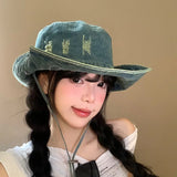DAIIIBABYYY  -  Japanese High Quality Spring and Autumn Sunshade Bucket Hat Men and Women Big Head Outdoor Big Brim Windproof Lace-up Denim Cap