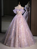 Daiiibabyyy  Light Luxury Pink Purple Evening Dress Women Sweet Pleated Off The Shoulder Flower Applique Prom Gown Sequins A-Line Vestido